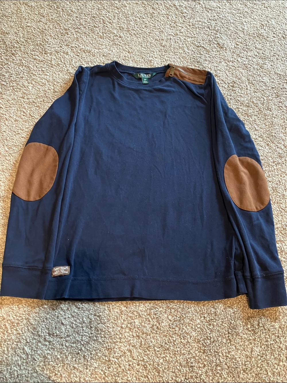 LAUREN RALPH LAUREN CLASSIC NAVY SUEDE ELBOW PATCH SWEATER EQUESTRIAN SIZE S